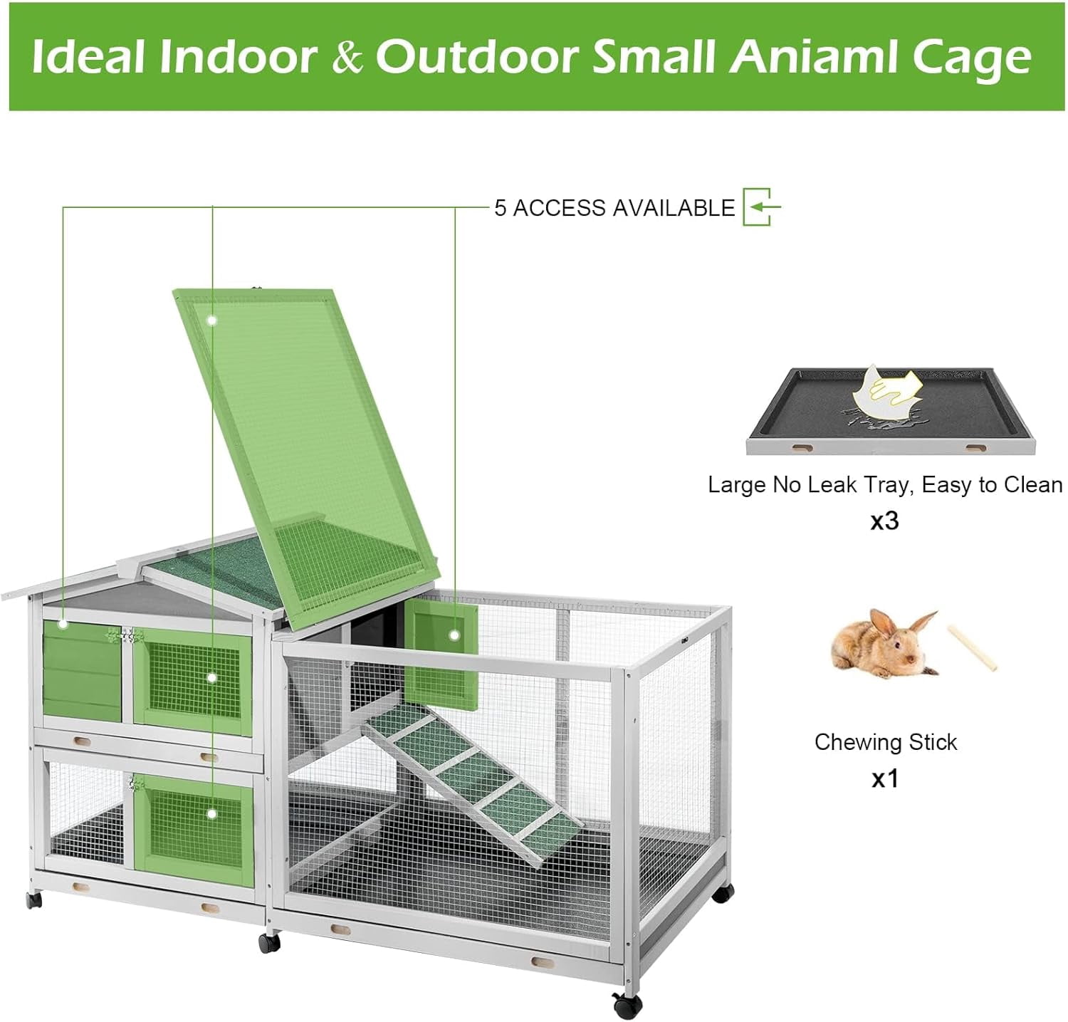 AECOJOY 61.5" Outdoor Wooden Rabbit Hutch, Two-Story Bunny Cage with Wheels, No-Leak Tray and Anti-Slip Ramp