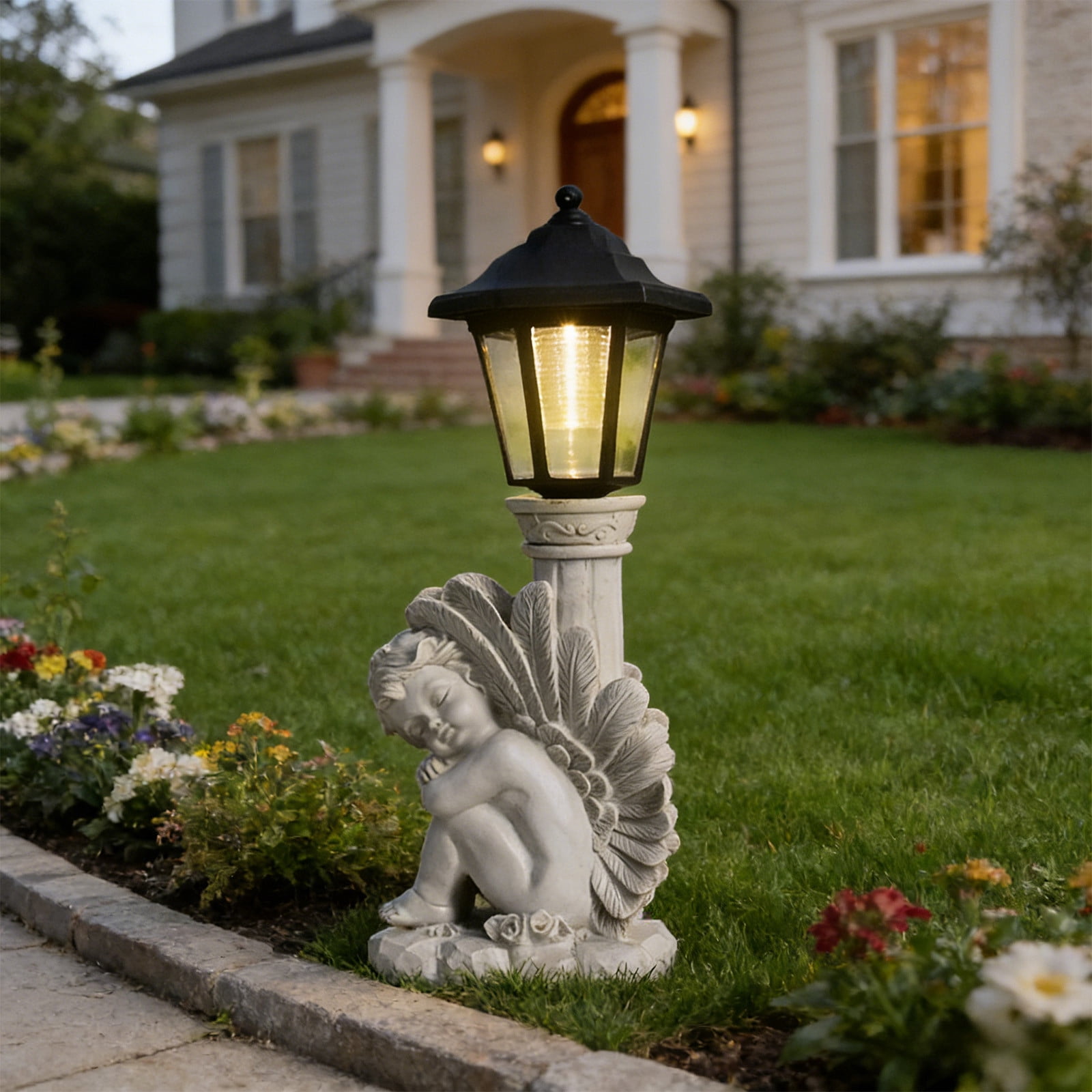 Angel Statue with Solar Lights 14.1Inch, Solar Cherub Angel Garden Statue Resin with Roma Pillar for Garden Decor, Porch, Patio, Yard Art Decoration A