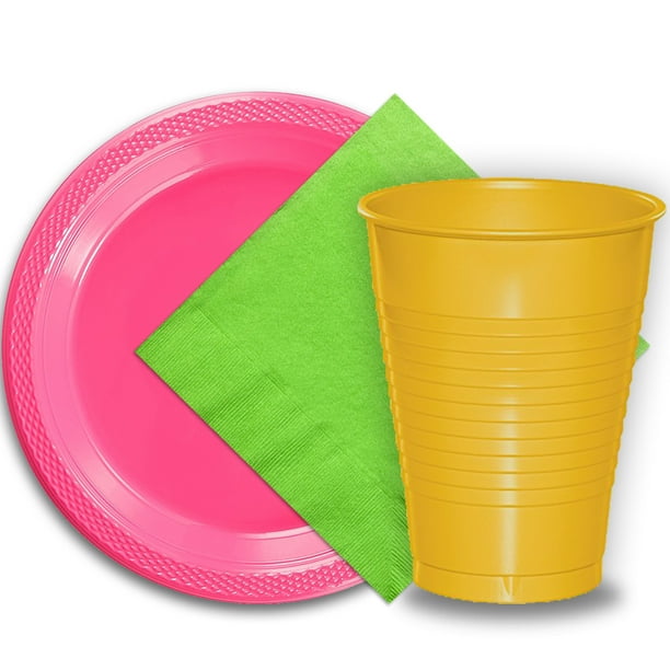 50 Hot Pink Plastic Plates (9"), 50 Yellow Plastic Cups (12 oz.), and