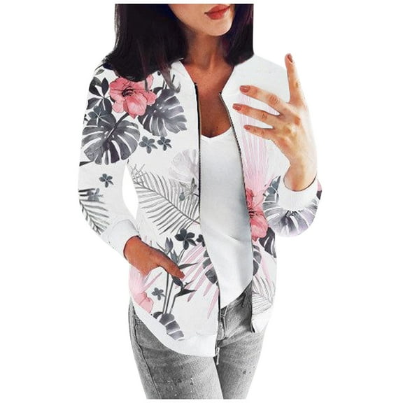 Outfmvch Jackets for Women Ladies Retro Floral Printing Zipper Up Jacket Casual Coat Outwear Womens Tops Cardigan for Women White