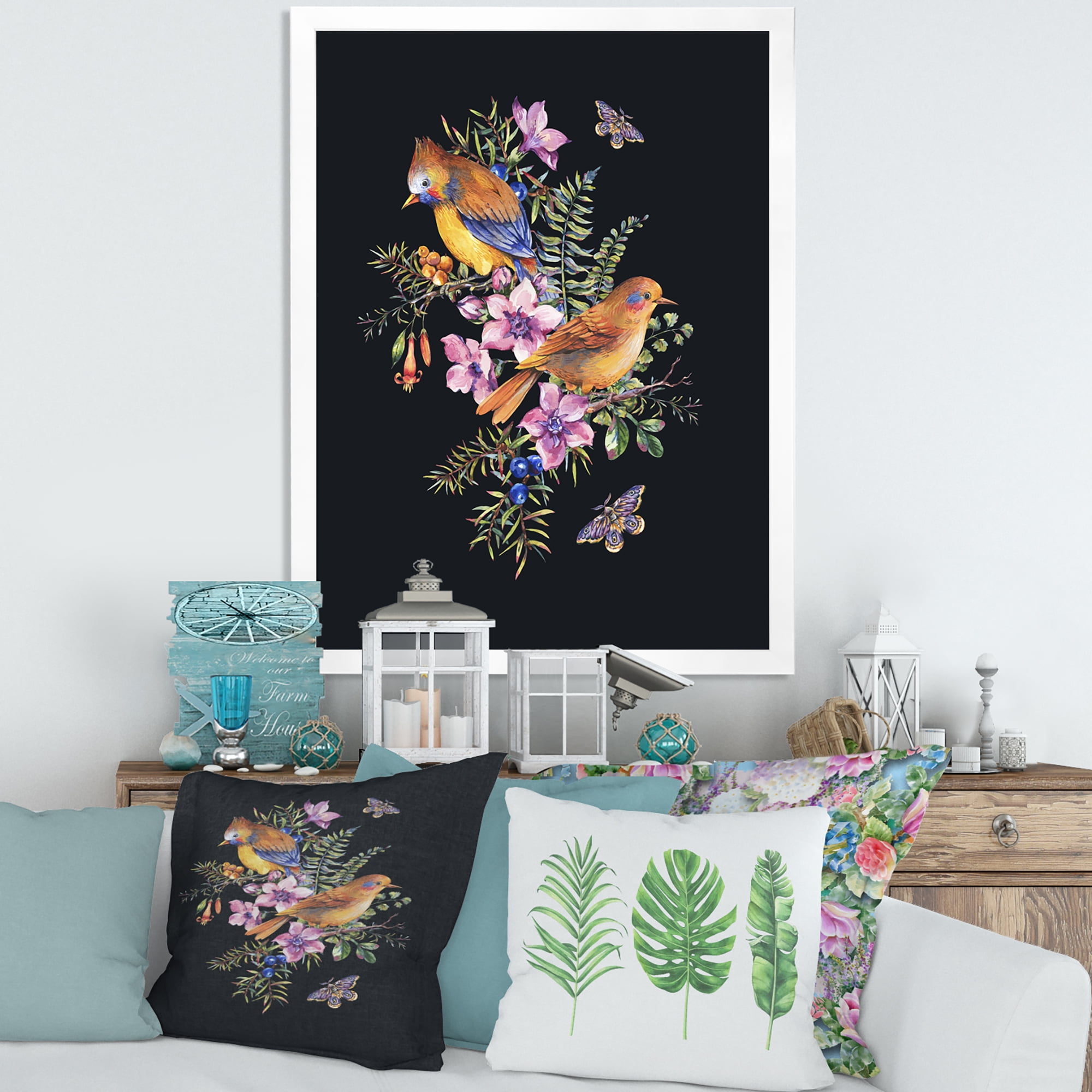 Designart 'Little Bird Sitting On Colourful Bouquet Of Wildflowers II' Traditional Framed Art Print