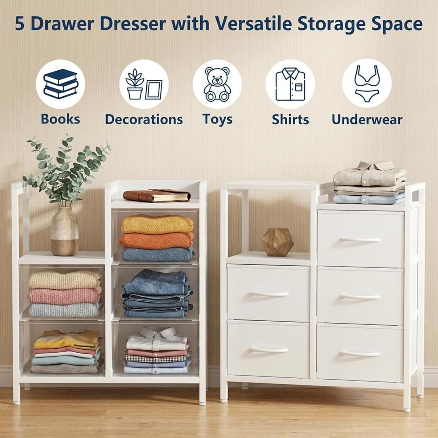 5 Drawer Mobile File Cabinet with Open Storage Shelf, Rolling Printer Stand and Fabric Lateral Filing Cabinet for Home Office, Fits A4 or Letter Size Files, White