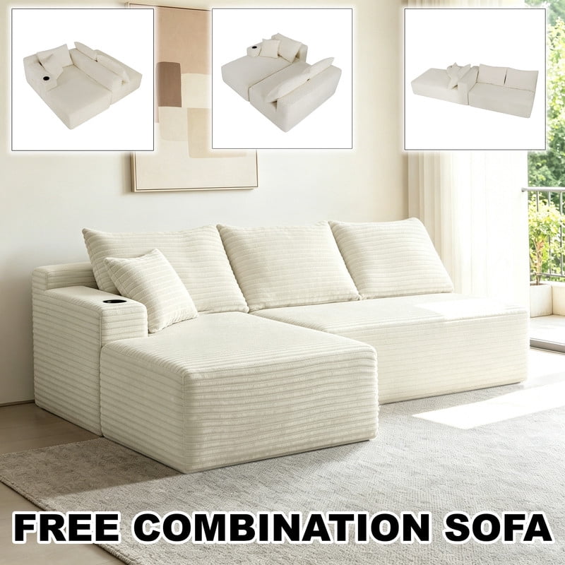 2-Piece No Assembly Need Sectional Sofa Set, Boneless Couch with Chaise Lounge, Modular Upholstered Sofa with Cup Holder