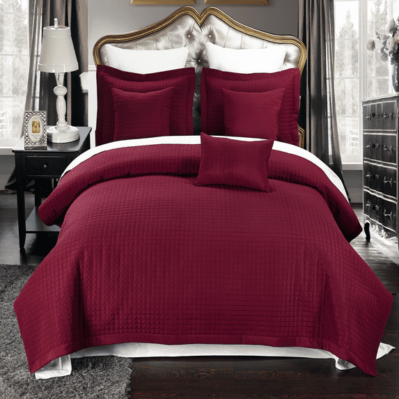 Luxury Soft Checkered Diamond Stitched 3 Piece Coverlet Set Wrinkle-Free Reversible All Season Mini Bedspread Set -Burgundy-Full/Queen