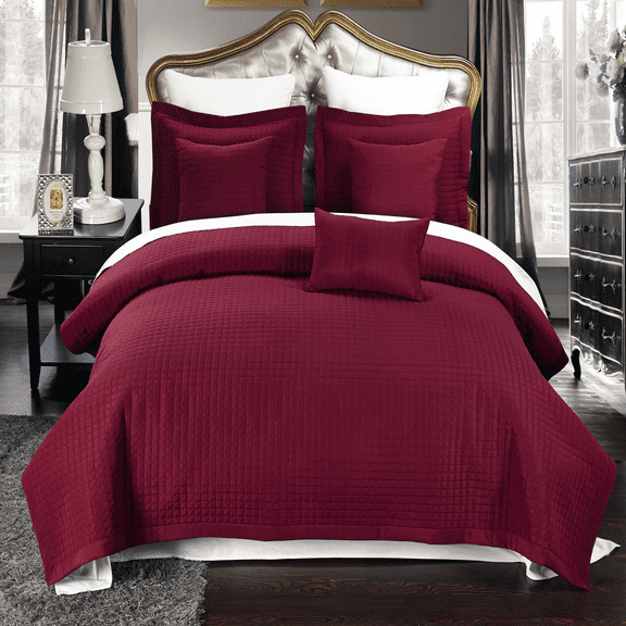 Luxury Soft Checkered Diamond Stitched 2 Piece Coverlet Set Wrinkle-Free Reversible All Season Mini Bedspread Set -Burgundy-Twin/Twin XL