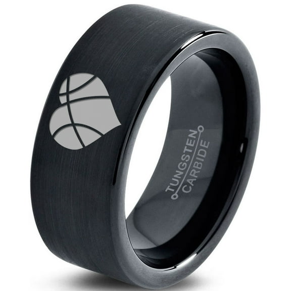 Tungsten Heart Shaped Basketball Ball Band Ring 9mm Men Women Comfort Fit Black Flat Cut Brushed Polished