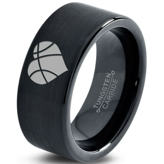 Tungsten Heart Shaped Basketball Ball Band Ring 9mm Men Women Comfort Fit Black Flat Cut Brushed Polished
