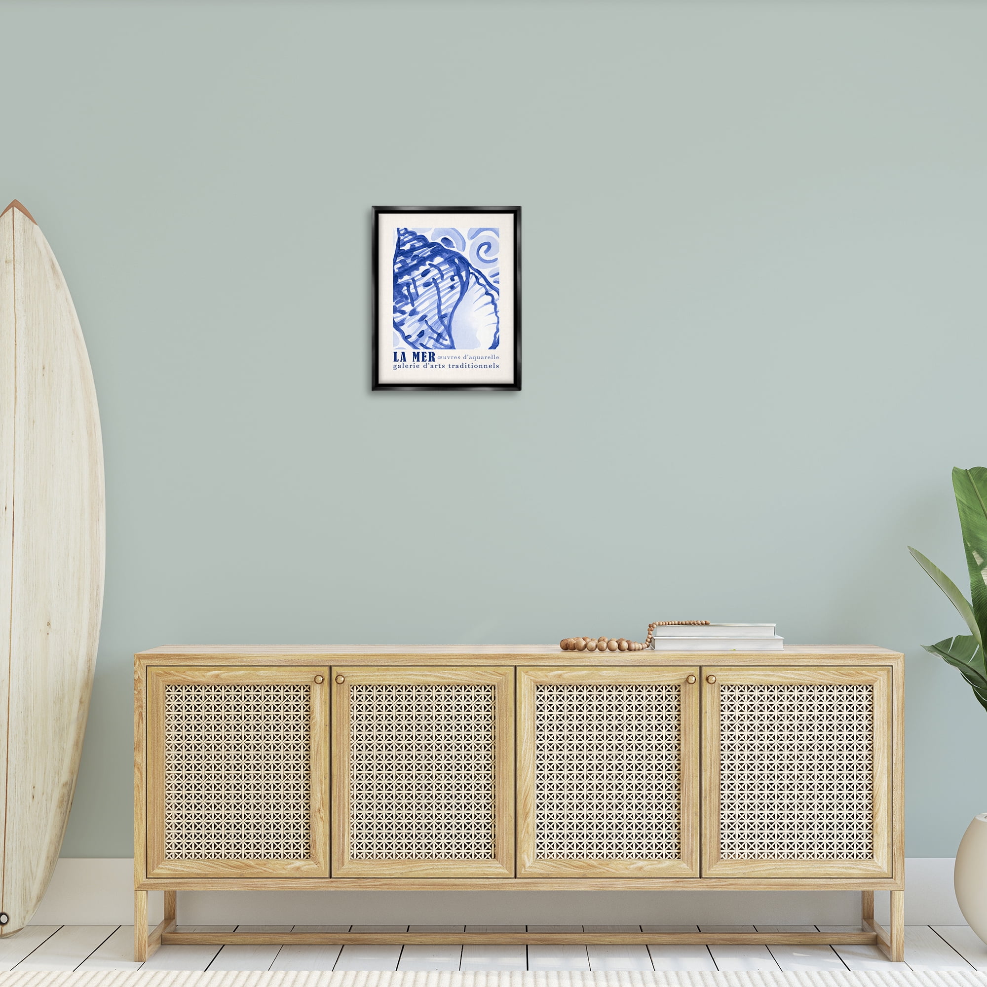 Stupell Industries Blue Seashell Gallery Show Nautical & Beach Painting Black Floater Framed Canvas Art Print Wall Art, 17 x 21