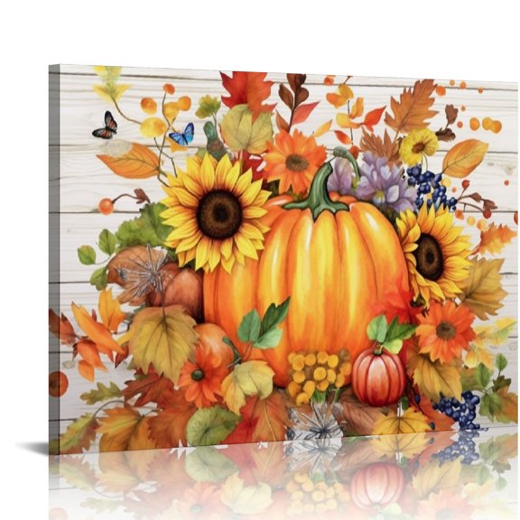 JRXY Fall Pumpkin Wall Art with Sunflower Leaf on Farmhouse Grey Wood Canvas, Thanksgiving Home Decor for Living Room Bedroom Bathroom, Ready to Hang 20x16in