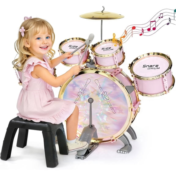 Aijohnny Toddler Light Jazz Drum Set, Musical Kid Drum Set with Stool, Pedal & Drumsticks, Birthday Gifts for Kids 1-3 3-5 5-8 Years Old