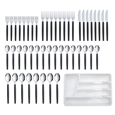 Mainstays 49-Piece Flatware Set with Black Stainless Steel and Organizer Tray Service for 8