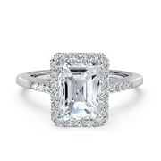 2.94ctw Emerald Cut Cubic Zirconia Halo Engagement Ring for Women with AAA CZ in Rhodium Plating, Size 5-10