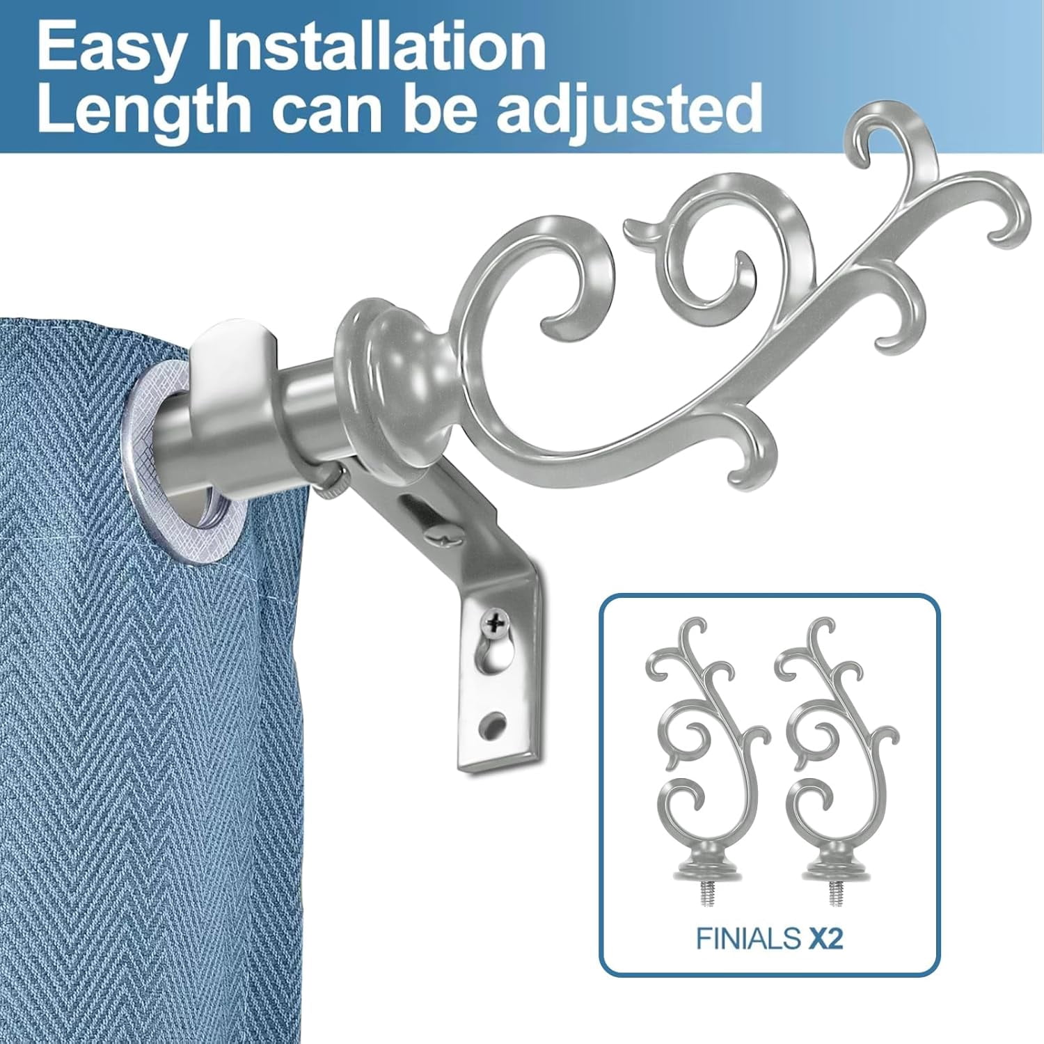 Urbanest Adjustable Single Curtain Rod Set Julietta Finials – 5/8 -Inch Diameter, With Pewter Rod, 84–120 Inches
