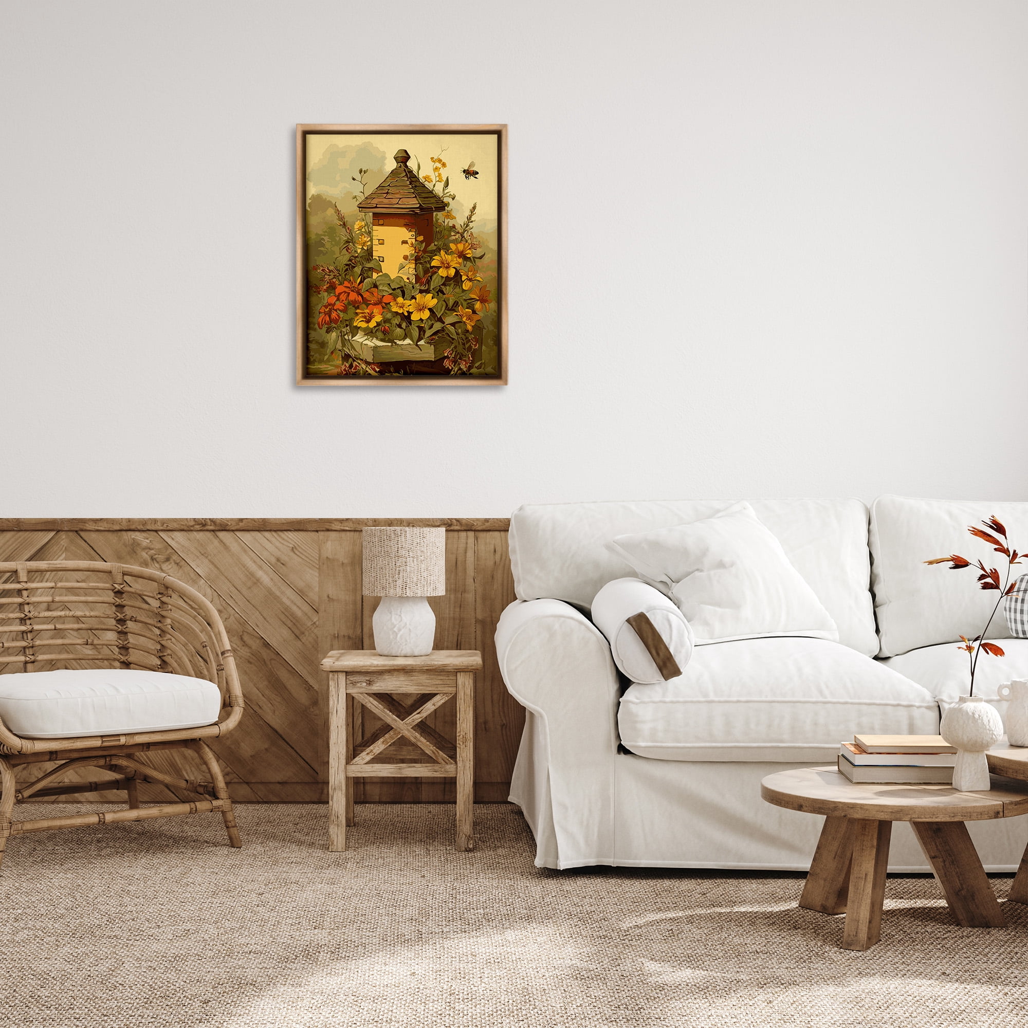 Stupell Industries Bees & Floral Architecture Botanical & Floral Painting Brown Floater Framed Canvas Art Print Wall Art, 25 x 31