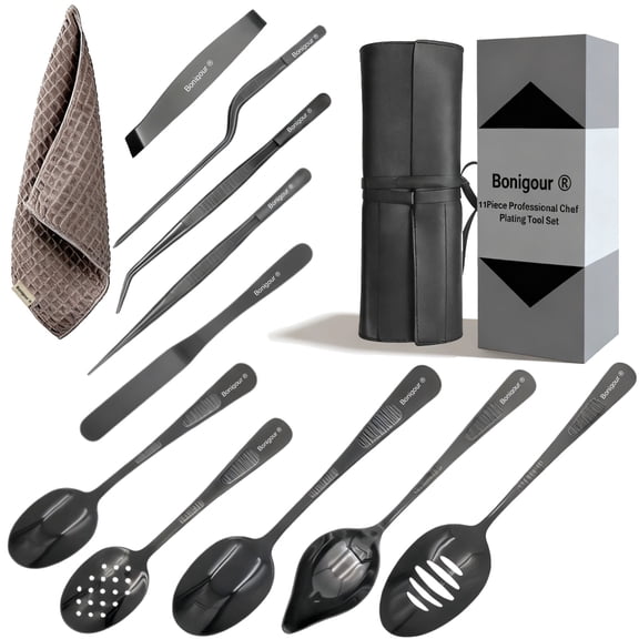 Bonigour Plating Tools Culinary Set，11 Piece Professional Chef Plating Tools Pro Kit，Kitchen Plating Utensils，Modernist Cuisine Food Art，Stainless Steel，Black
