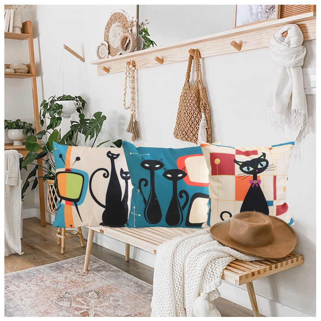NYDECOR Cat Pillow Covers Pet Throw Pillow Cases Animal Kitty Pillowcase Square Cotton Linen Cushion Cover for Couch Sofa Bed Patio 18x18 Set of 4 Cat Decor