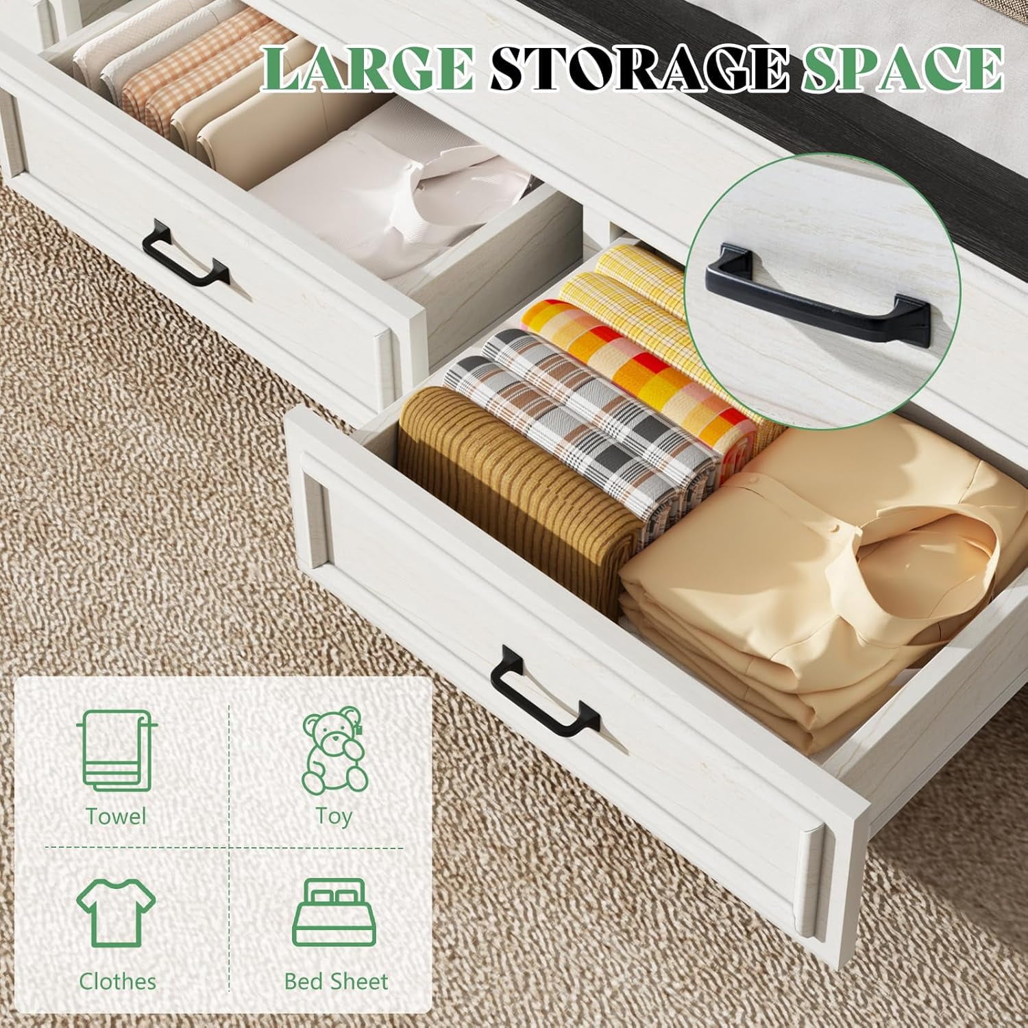 Merluxy Queen Size Farmhouse Bed Frame with 52.2" Wood Headboard & Storage Drawers, Rustic White