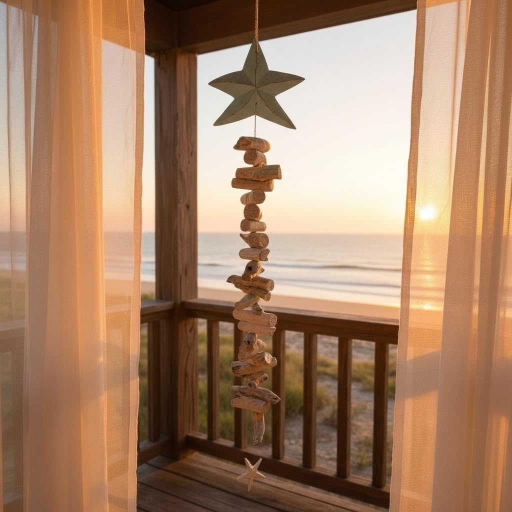 Coastal Driftwood Hanging Garland Mobile with Stars, Natural Wood Beach Decor, 36 Inch Length, Handcrafted Vertical Art Wind Chime