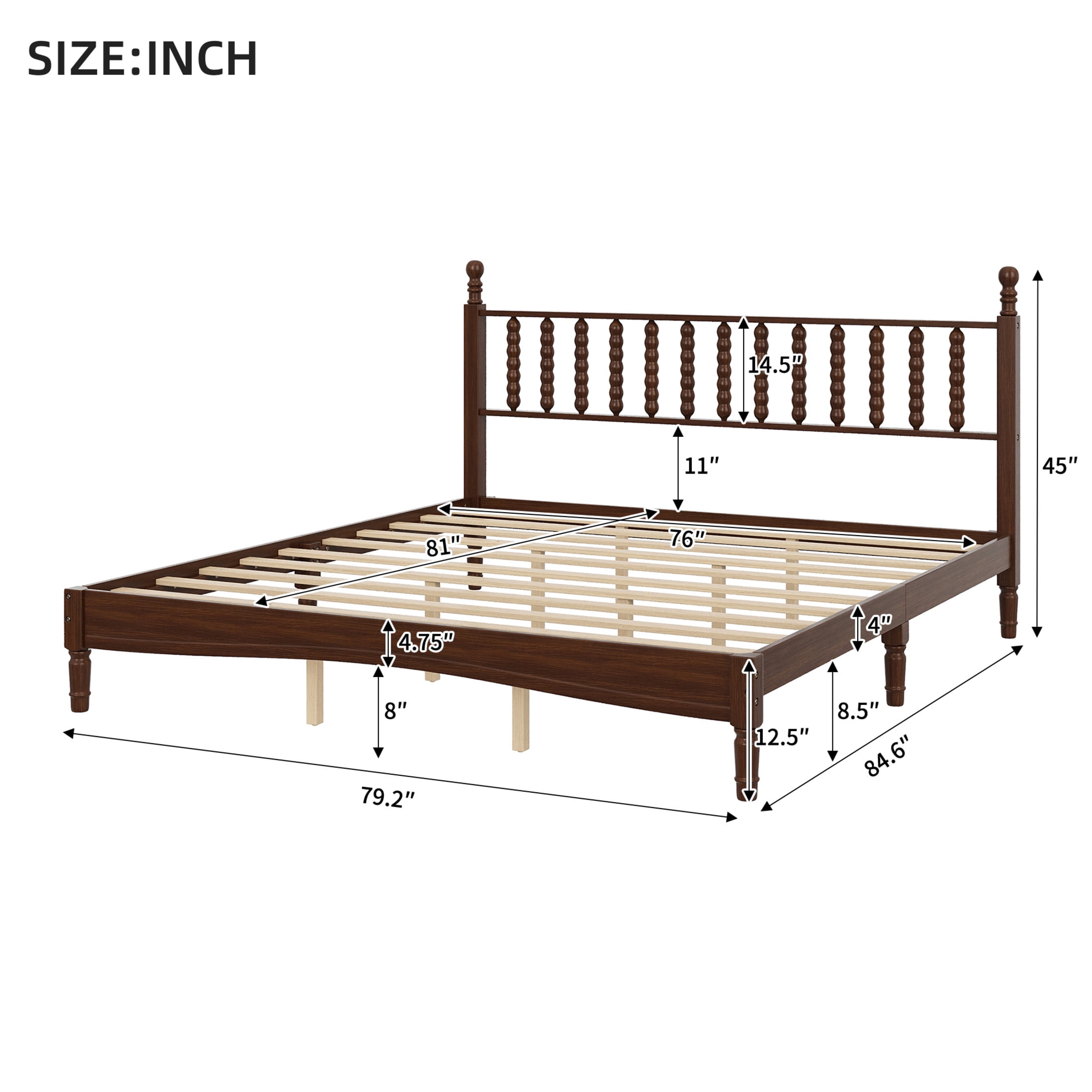 Noble House King Size Wood Platform Bed with Gourd-Shaped Headboard, Retro Style Bed with Wooden Slat Support, Walnut