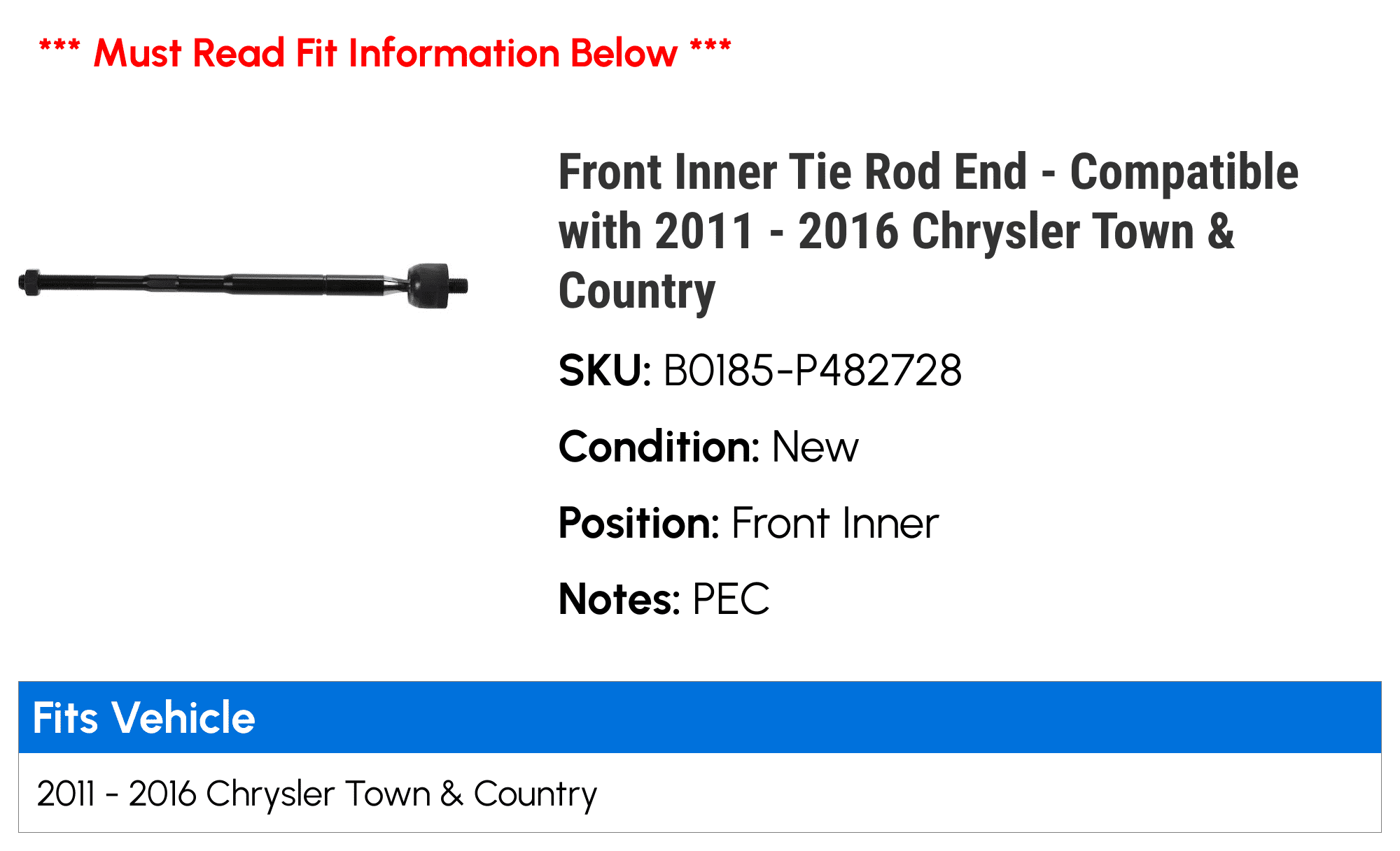 Front Inner Tie Rod End - Compatible with 2011 - 2016 Chrysler Town & Country 2012 2013 2014 2015