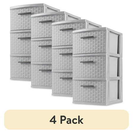 (4 pack) Sterilite 3 Drawer Weave Tower, Plastic Décor Drawers with Pull Handles, Gray