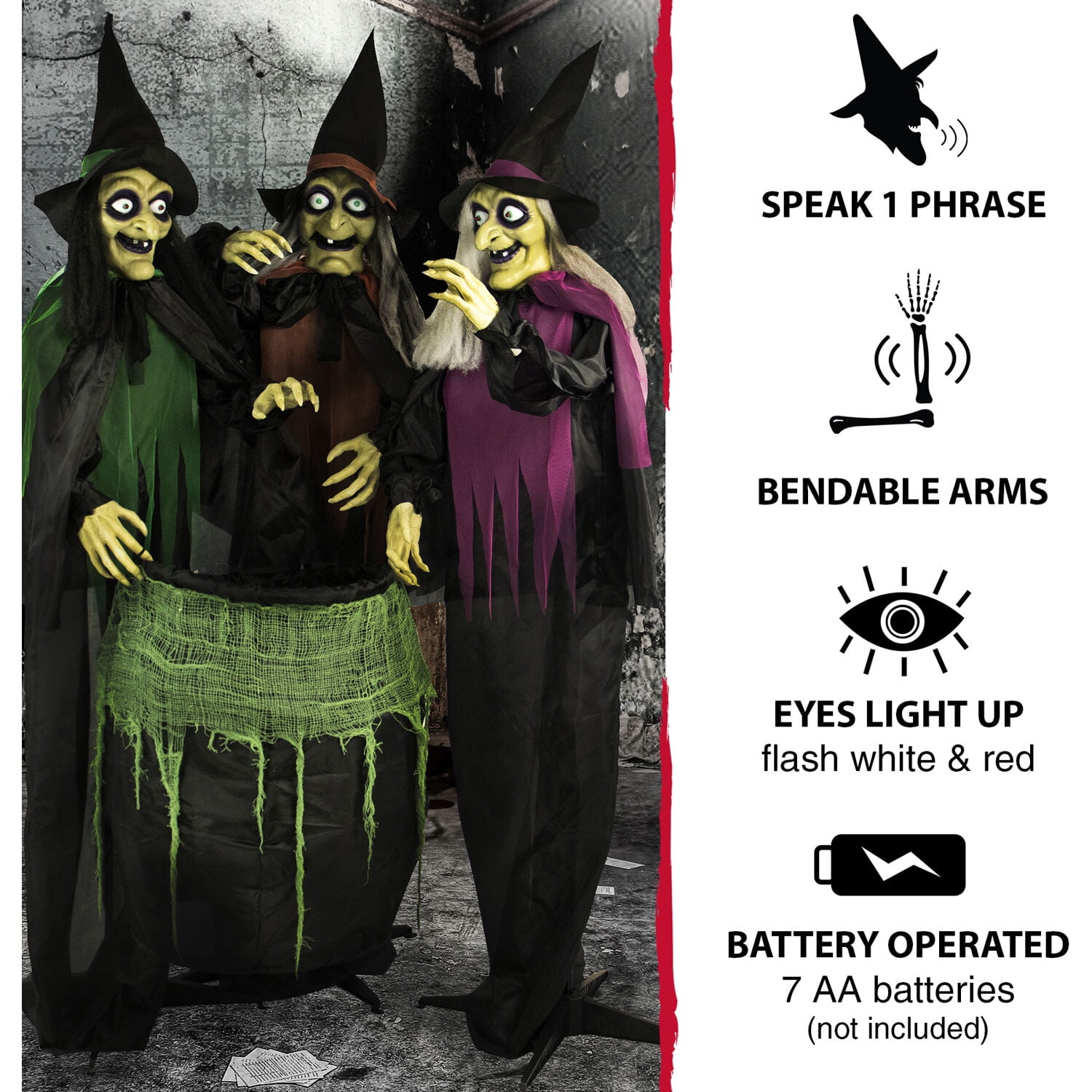 Haunted Hill Farm 5.7 ft Animatronic 3 Witches with Cauldron, Indoor/Covered Outdoor Halloween Decoration with Light-up Eyes, HHWITCH-15FLS