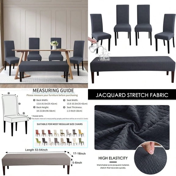 Dining Chair Covers and Bench Covers Set Waterproof Dark Grey Jacquard 4 Dining Room Chair and Bench Slipcover Washable