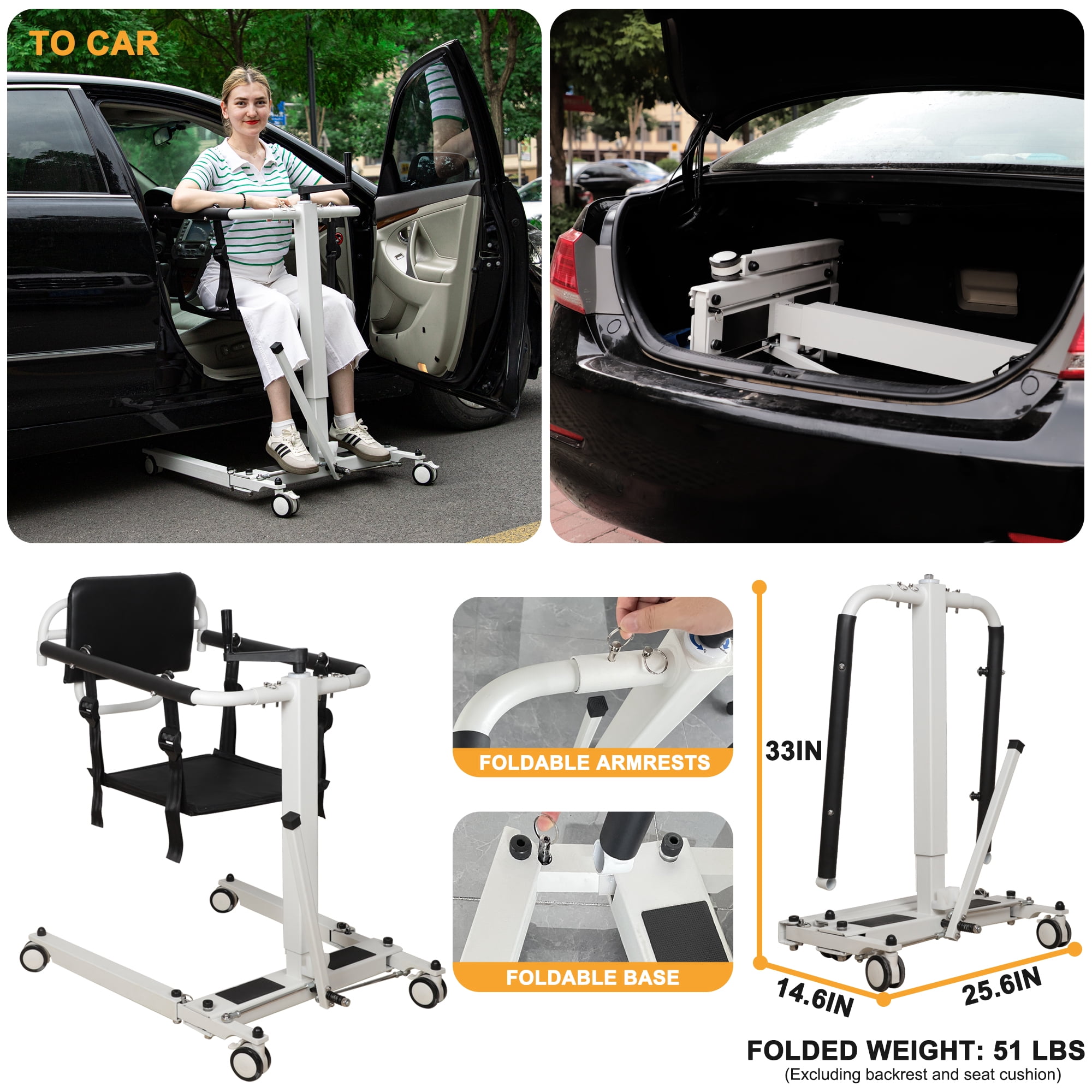 Patient Lift Transfer Chair, Foldable Patient Lift for Home Portable Lift Wheelchair for Car, Patient Lift Aid for Seniors Elderly/Disabled, Height Adjustable, with 2 Cushions