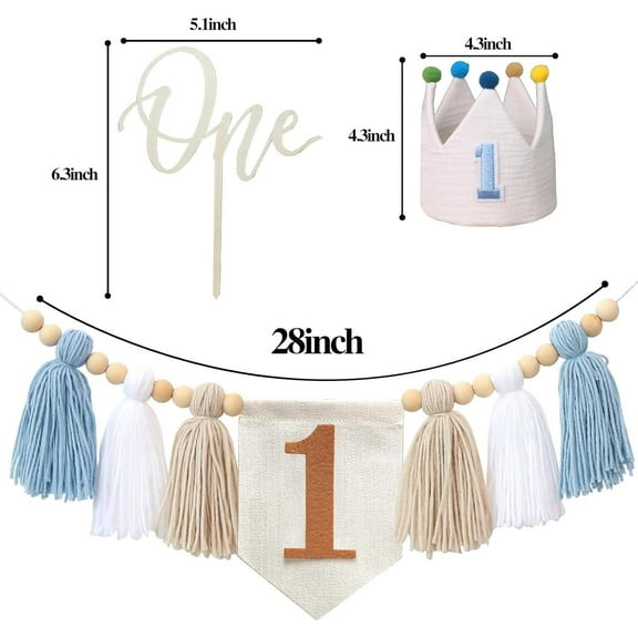 1st Birthday Decoration Boy, First Birthday Party Decoration High Chair Banner 1st Birthday Blue Hat Crown Cake Topper Tassels Photo Backdrop for Boy Girl