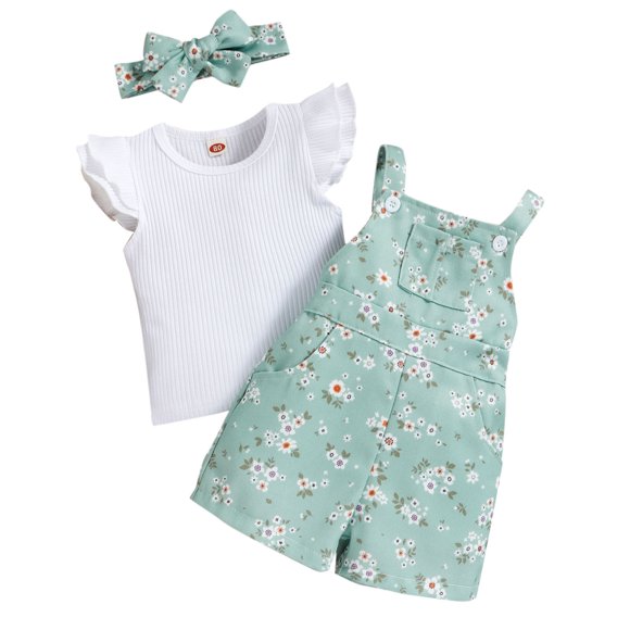 PMVFHDE New Born Girls Clothes Girls Fly Sleeve Ribbed Tops T Shirt Floral Prints Suspenders Shorts Headbands Outfits