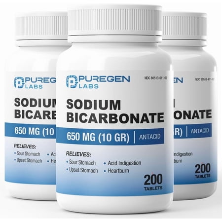 Puregen Labs Sodium Bicarbonate Tablets 650mg (10 Grains) - 200 Count | USP Grade Baking Soda Supplement, Natural Relief of Acid Indigestion, Heartburn, Sour Stomach & Upset Stomach - 3PK