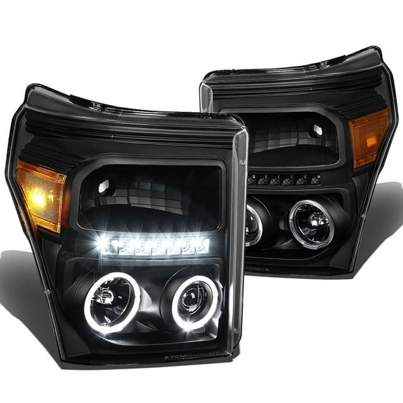 DNA Motoring For 11-16 Ford F250 F350 Super Duty LED DRL Halo Projector Headlight Lamps Pair Black Amber