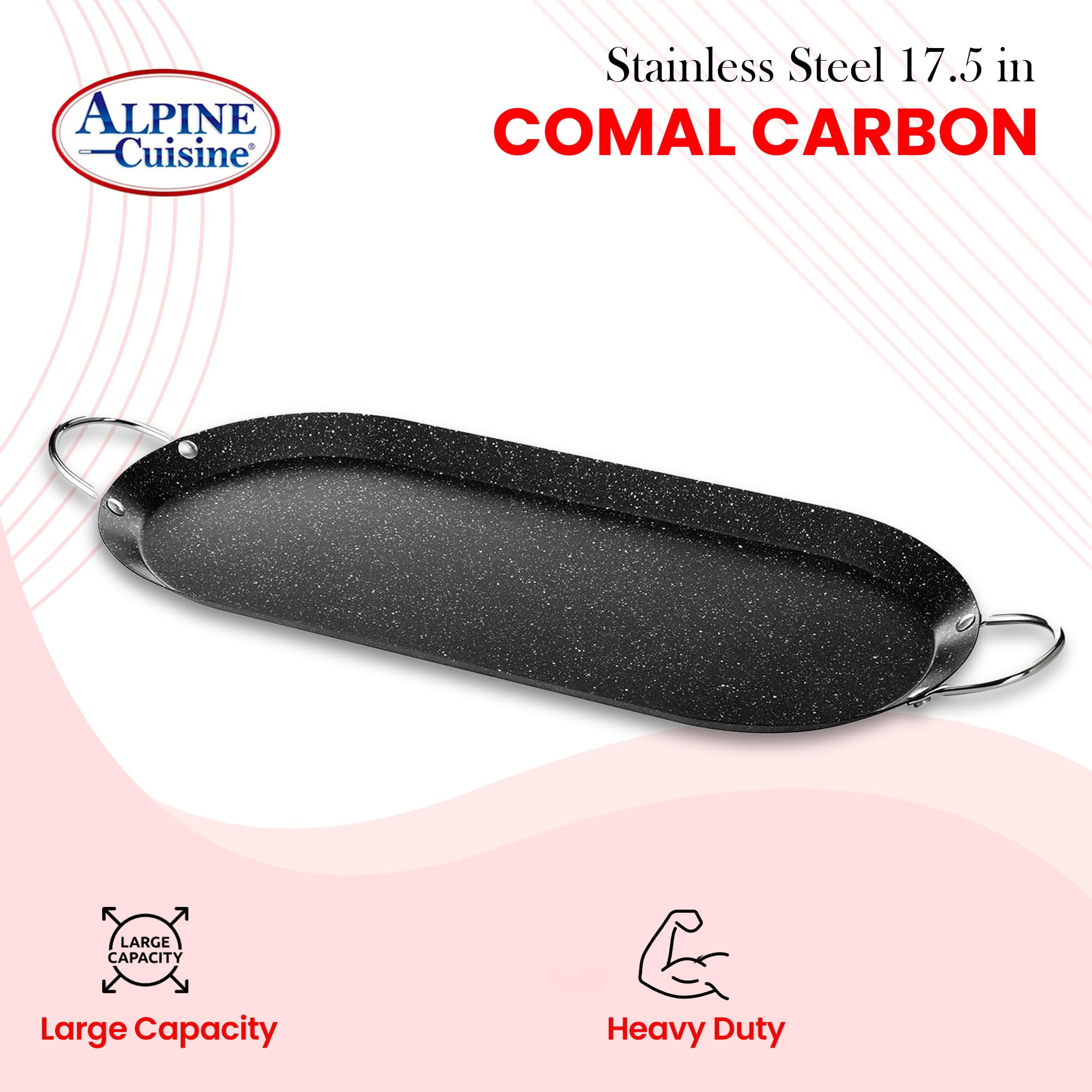 Alpine Cuisine Oval Comal Griddle 17.5x8in Nonstick Coating Black Griddle with Durable Double Handle - Durable, Heavy Duty Comal for Cooking - Even-Heating
