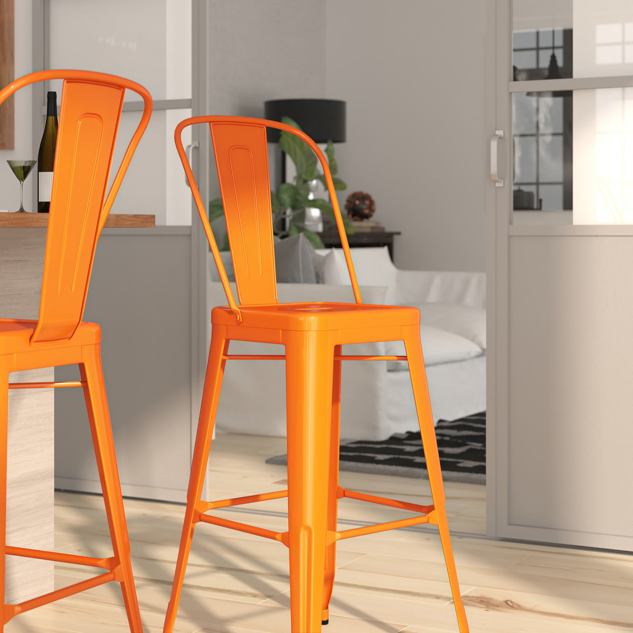 Merrick Lane Orange 30" High Metal Bar Height Stool with Removable Back for Indoor-Outdoor Use