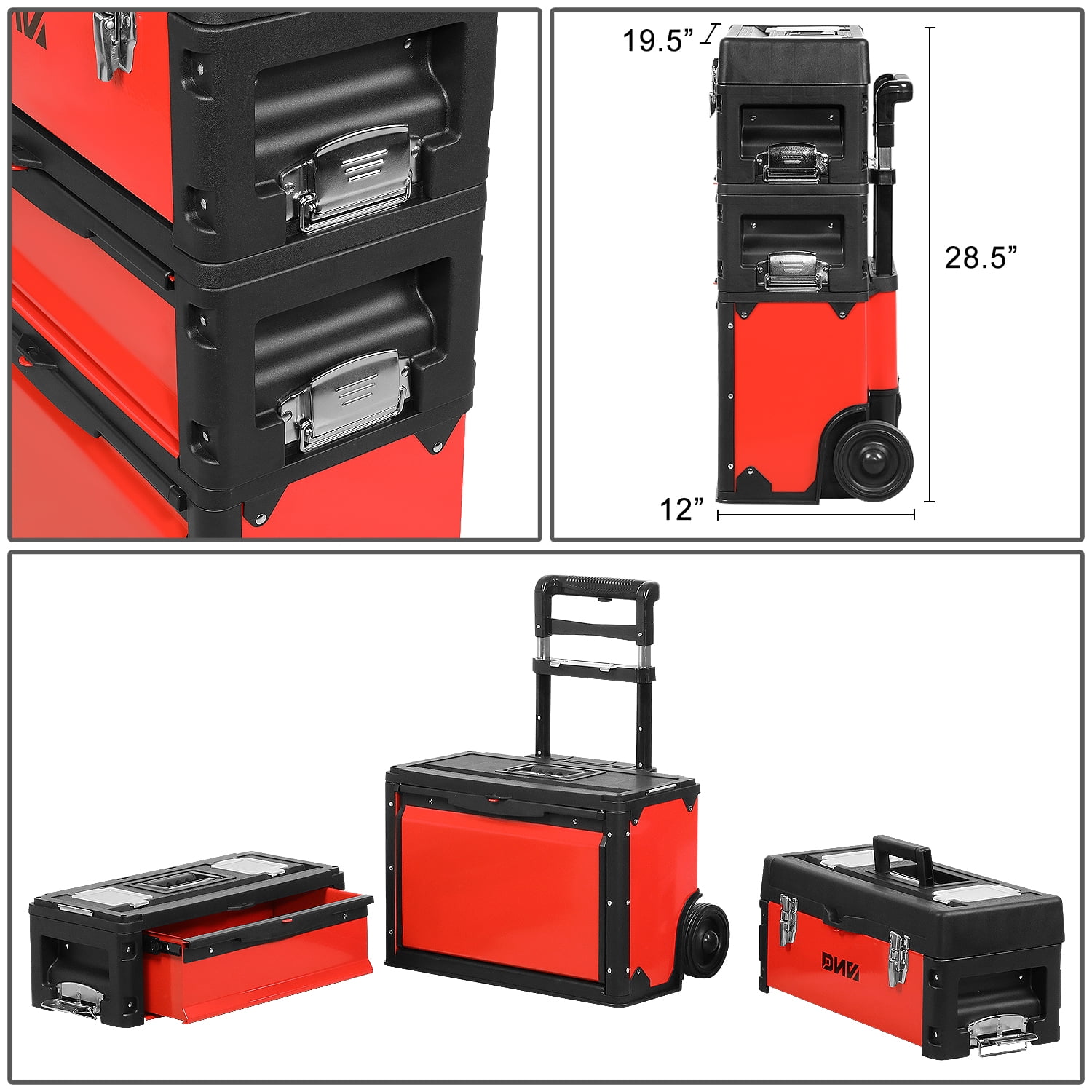 DNA Motoring 3-Tier Stackable Trolley Tool Box Storage Case Organize 19.5" x 28.5" x 12" Red