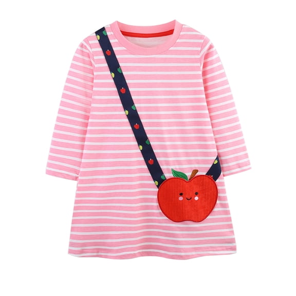 HWJAD Long Sleeve Dress for Toddler Girls 2-7Y Spring Fall Cotton Kids 3D Apple Crossbody Bag Applique Dresses