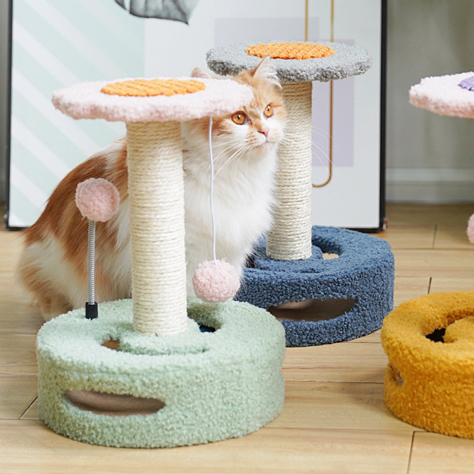 DOPI Cat Climbing Frame Sunflower Shape Tear-resistant Sisal Cartoon Kitten Scratching Post with Pompom Pet Supplies