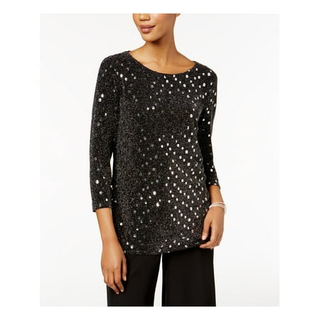 MSK Womens Black Sequined Long Sleeve Jewel Neck Top Petites PS