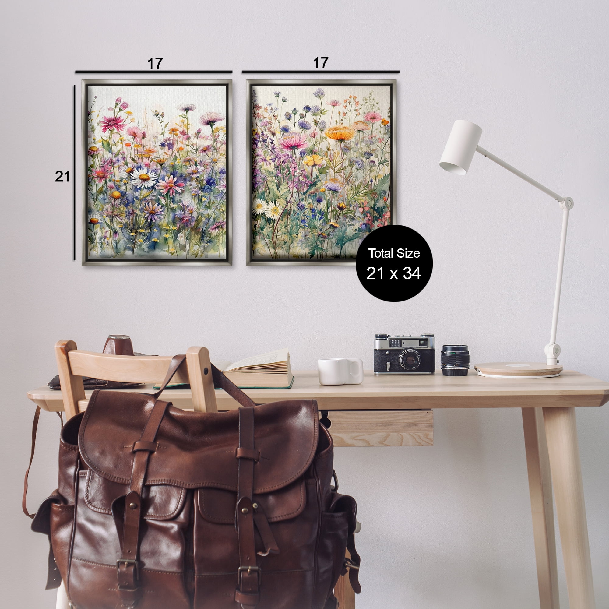 Stupell Industries Watercolor Daisy & Aster Field Plants & Flowers Painting Gray Floater Framed Canvas Art Print Wall Art, 17 x 21, Set of 2