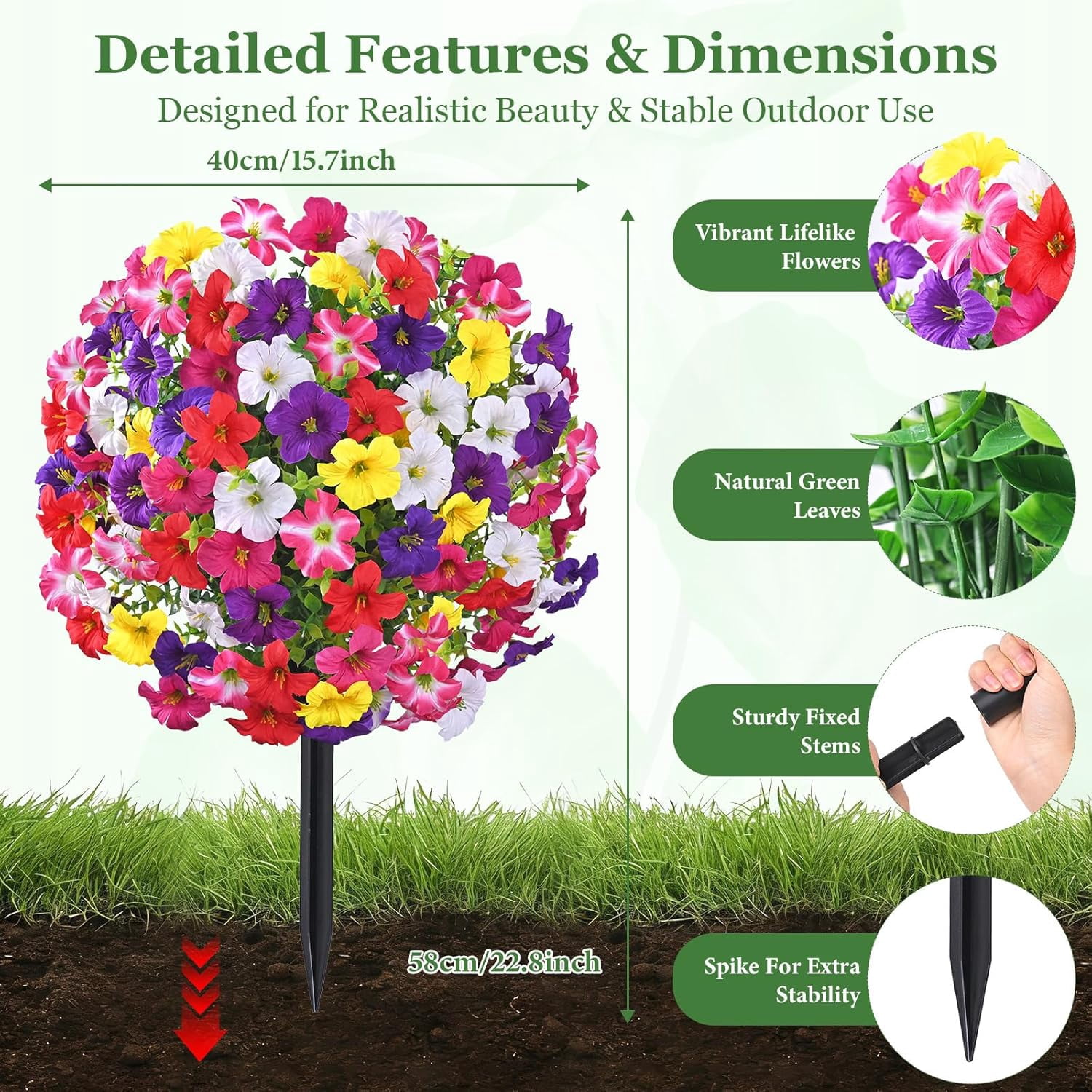 Yastouay 2 Packs Artificial Flowers Topiary Balls with Ground Spikes,23 Inch Colorful UV Resistant Faux Boxwood with Petunias Flowers for Outdoor Garden Decor