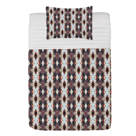 Asian Microfiber Bedspread Set, Traditional Ikat Pattern Colorful Design Tribal Ethnic Motifs Art, Soft Bedding Set with Pillow Shams & Comforter, 3 Sizes, White Dark Indigo and Paprika, by Ambesonne