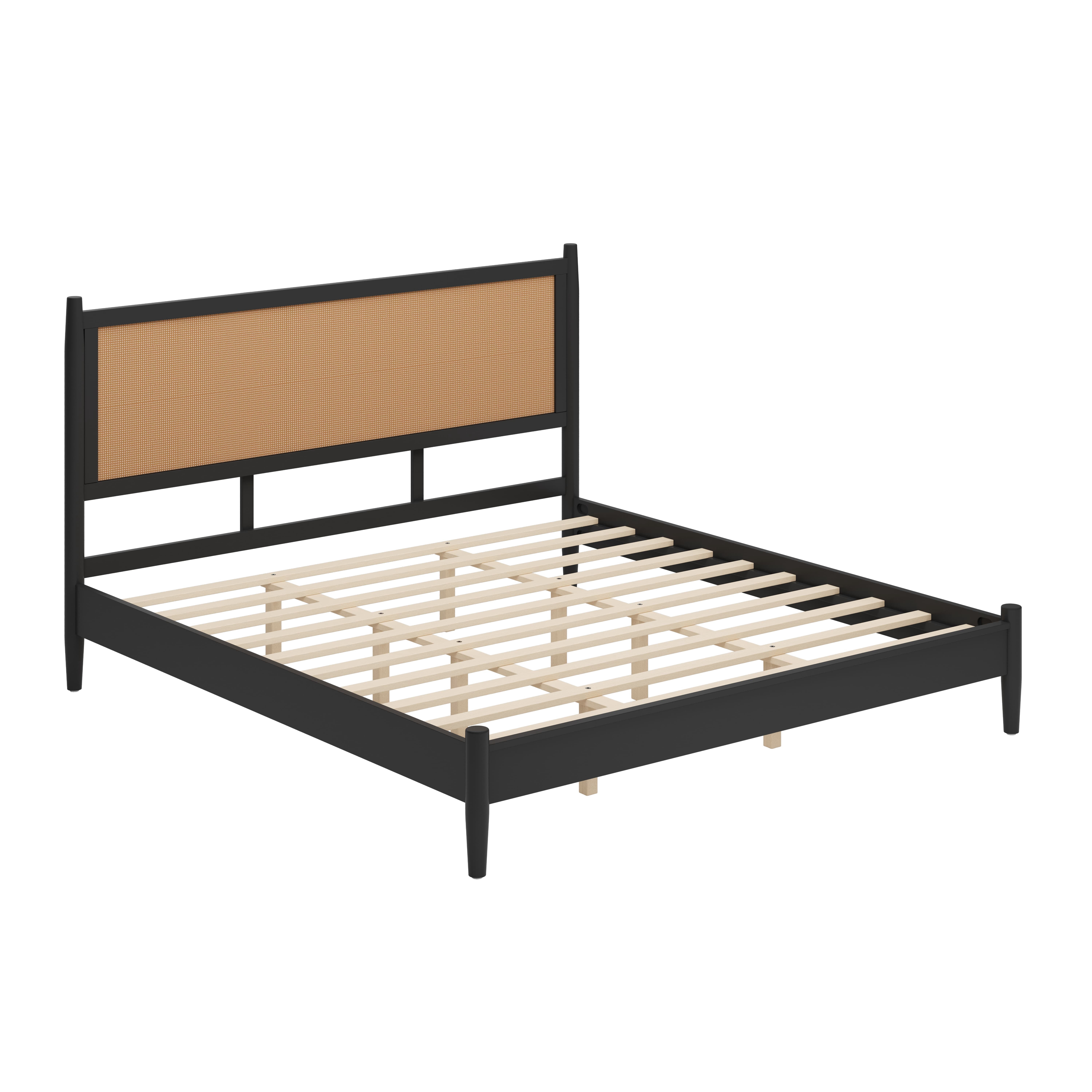 Euroco Modern Wood King Size Platform Bed with Rattan Headboard,Wicker Bed, No Box Spring Needed, Black