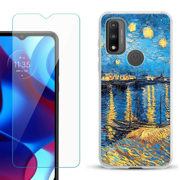 Slim-Fit Gel TPU Phone Case for Motorola Moto G Pure, with Tempered Glass Screen Protector, by OneToughShield ® - Starry Night Rhone