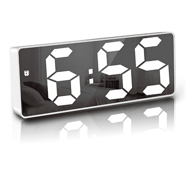 Despertador digital con espejo LED de 6.7 pulgadas, despertador de noche, despertador matutino, activación por voz, sin tictac, función de repetición, temperatura, fecha y hora, brillo ajustable para