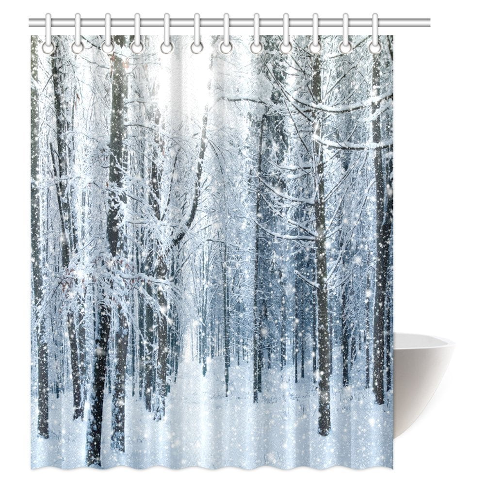 MYPOP Winter Landscape Decor Shower Curtain, Winter Snow on Trees Fabric Bathroom Shower Curtain