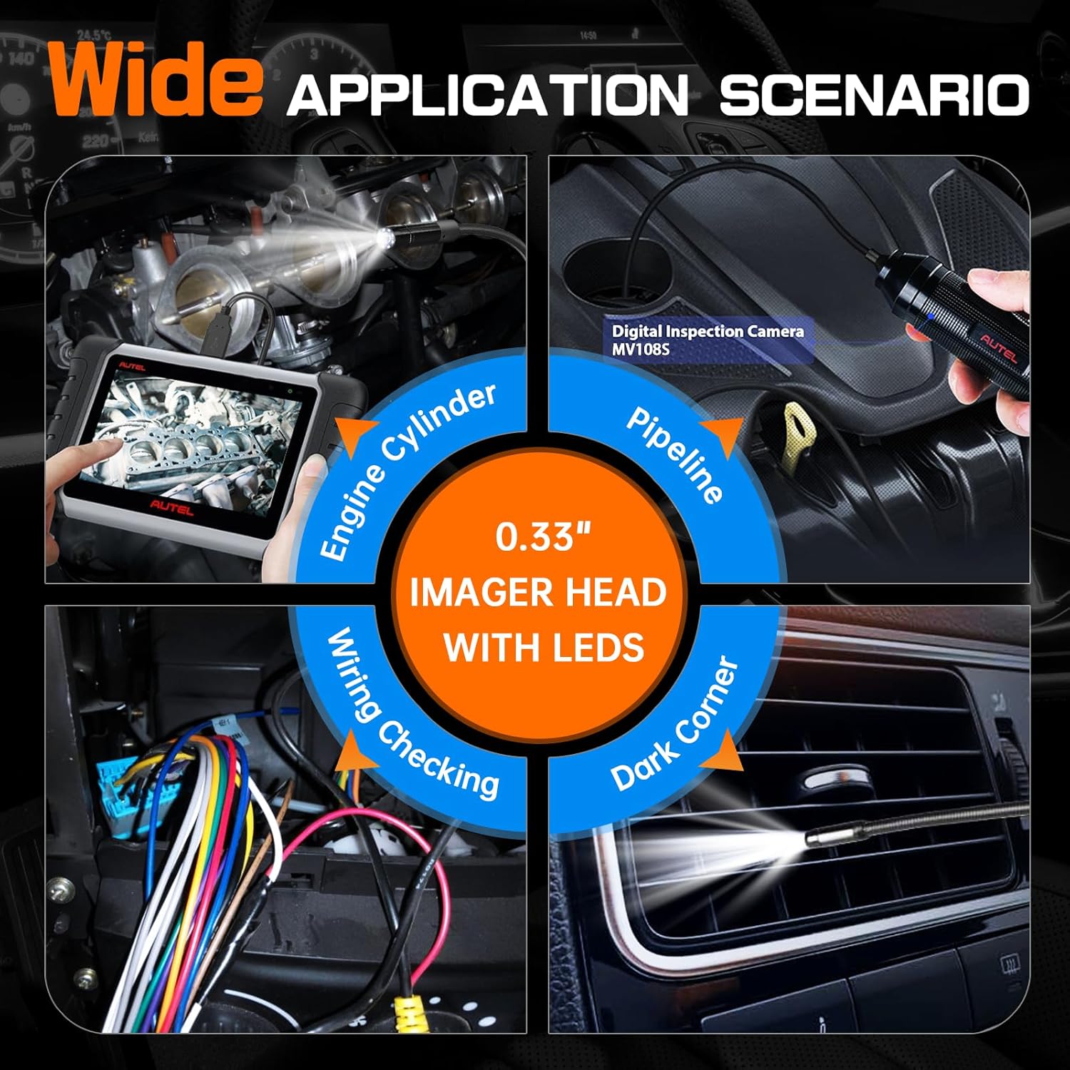 AUTEL MaxiVideo MV108S Inspection Camera, Waterproof 8.5mm Imager USB Endoscope with Light, 1920x1080 HD 2MP Borescope for Autel Scanner & PC