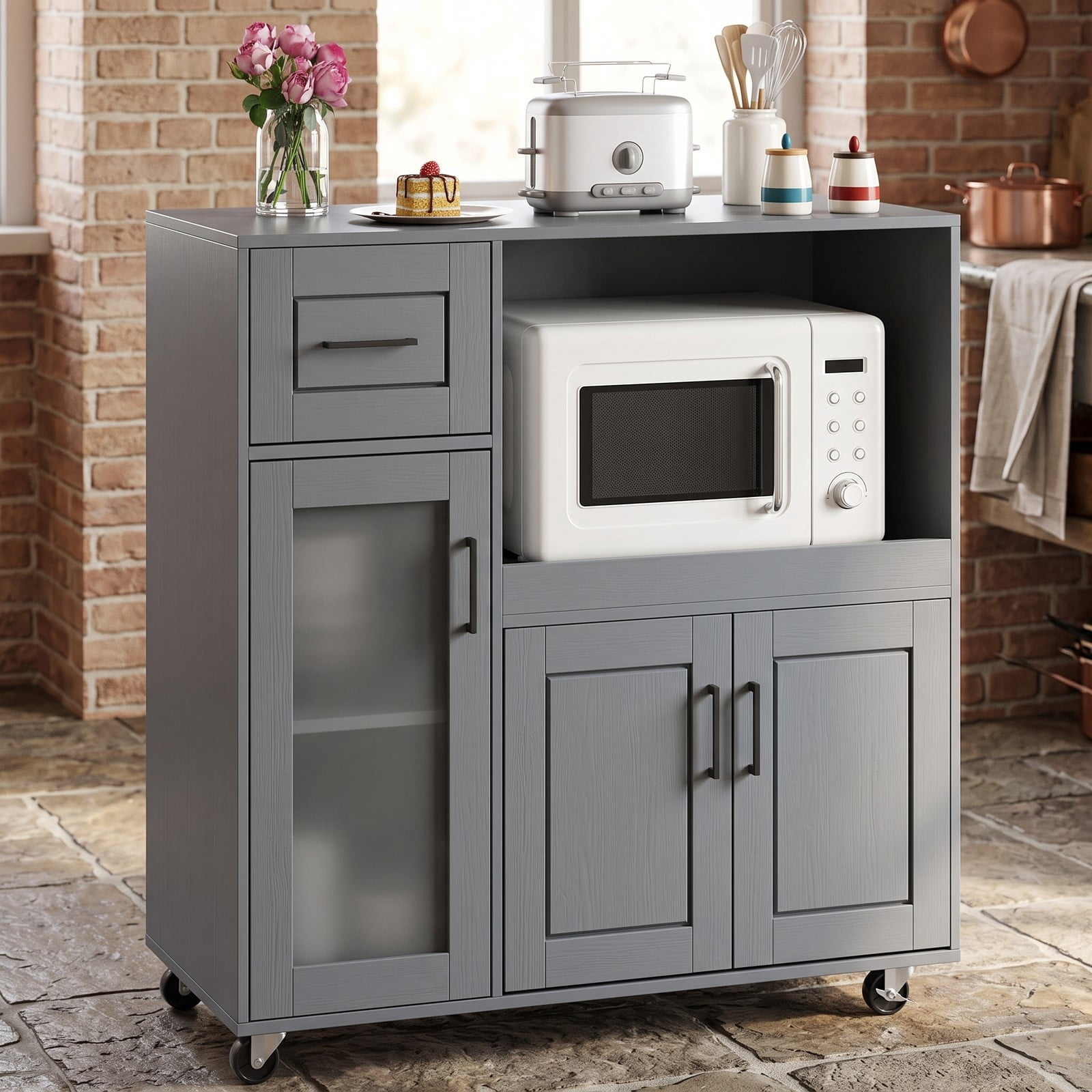Furnibear Rolling Kitchen Island Cart with Wheels, Drawer, Frosted Glass Door Cabinet and Adjustable Shelf, Mobile Storage Trolley for Kitchen Dining Room, Gray