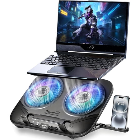 2026 Upgraded Laptop Cooling Pad with Dual TEC Cooler, Gaming 2 Powerful Turbo Fans, Fast 12-21in, 5 Height Stands, 100 Gear Speed Adjust, LCD Screen, RGB, Phone Holder