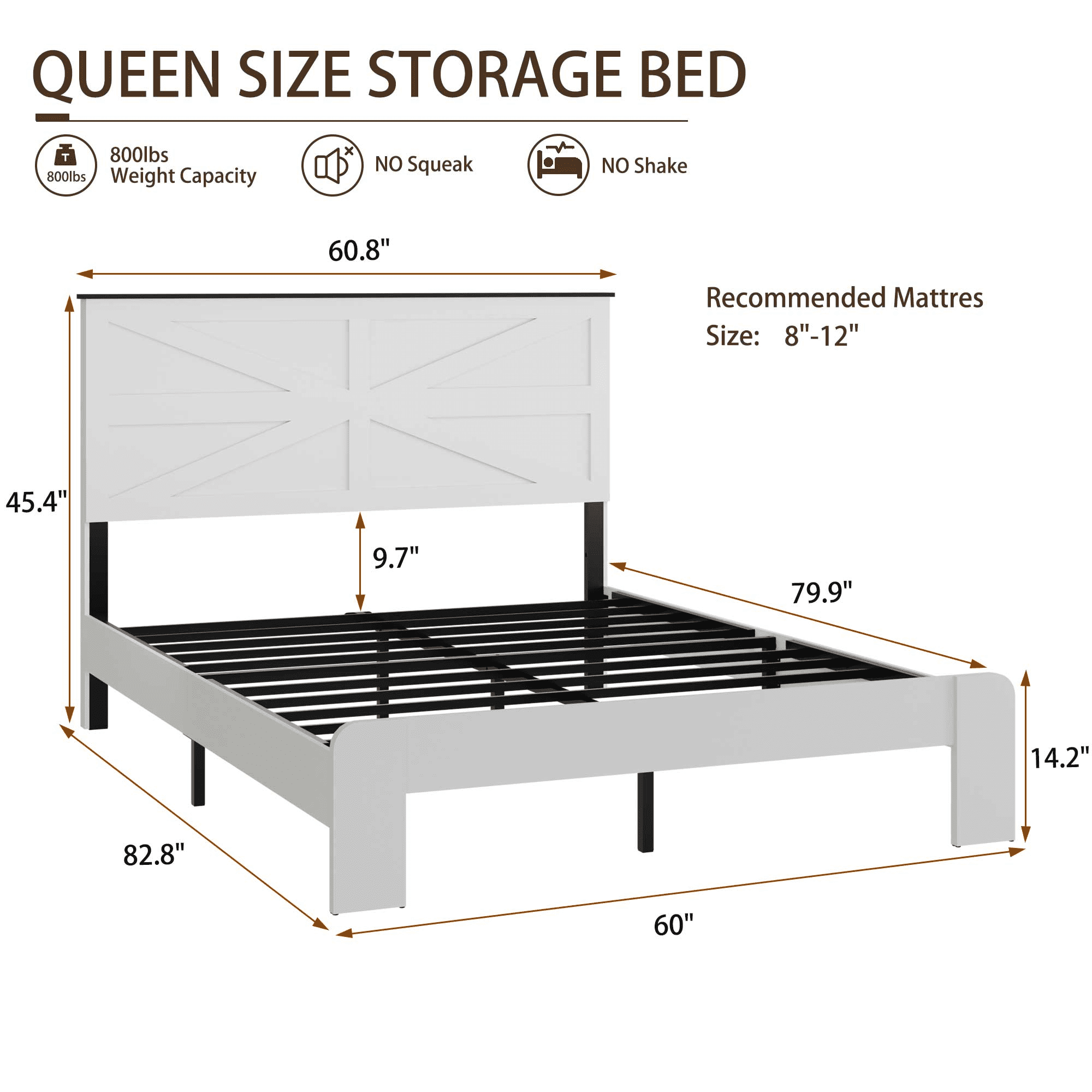 Gewnee Queen Platform Bed Frame with Geometric Headboard, P2 MDF Panels & White Metal Frame, Bedroom, White