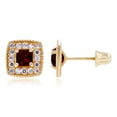 thumbnail image 2 of Decadence Solid 14K Yellow Gold 3mm Square Natural Red Garnet January Birthstone Screwback Stud Earrings For Women | 6x6mm Earrings | 1mm Created White Sapphire Halo Screwback Earrings For Women, 2 of 5